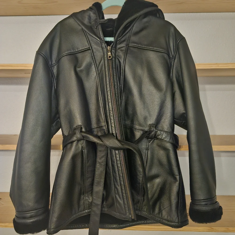 Wilsons Leather Black Hooded Belted Faux Leather Jacket
